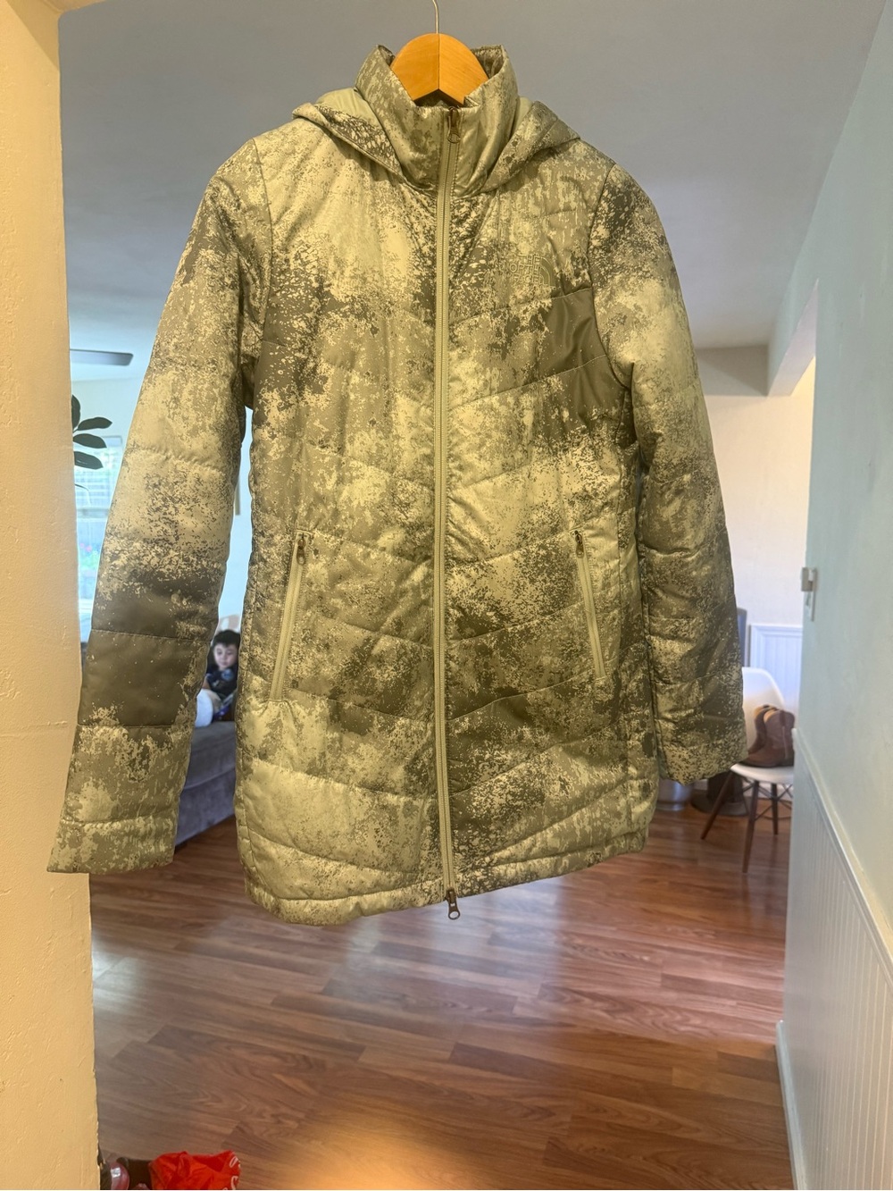 The North Face Women's Hooded Quilted Puffer Jacket in Olive Green Print